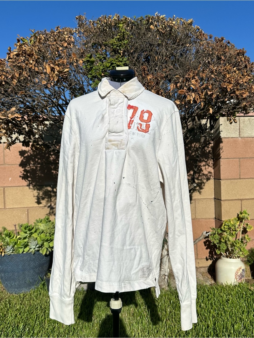 Ruehl No.925 White Long-Sleeve Henley Shirt with Orange '79' Graphic Size XL